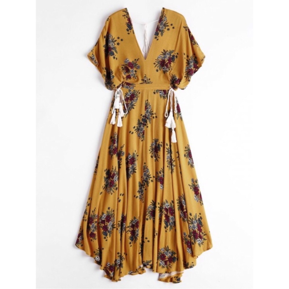 Yellow Floral Midi Dress With Tassels
